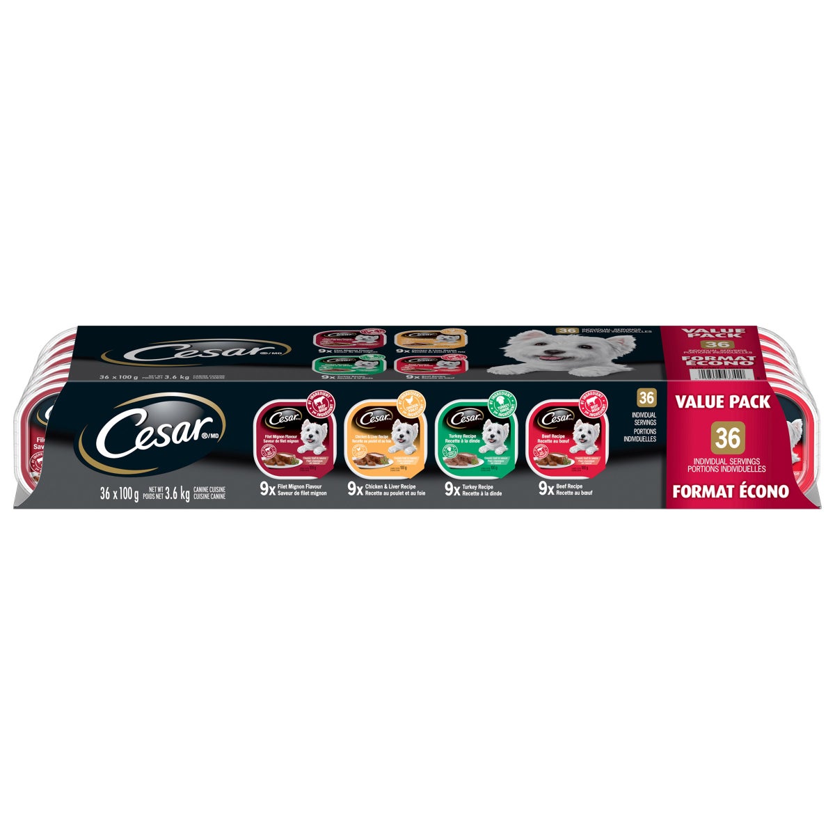 Cesar Classic Loaf in Sauce Soft Wet Dog Food Variety Pack- 36x100g Tray