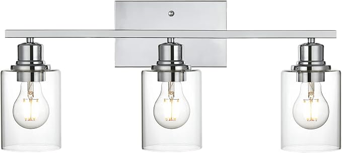 3 Light Wall Light Fixture with Clear Glass Shade Classic Bathroom Vanity Lighting Fixture in Chrome Finish Metal Wall Mount