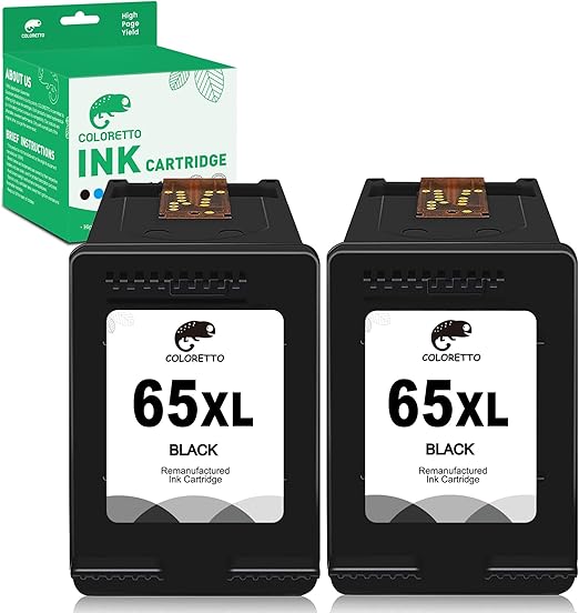 COLORETTO Ink Cartridges 65XL Black for HP Envy 5052 DeskJet 3755 3700 3722 3720 3700 2655 2652 2624 2630 2675 2600 Envy 5055 5010 5000 AMP125 Printer Remanufactured hp 65 XL High-Yield Noir 2-Pack