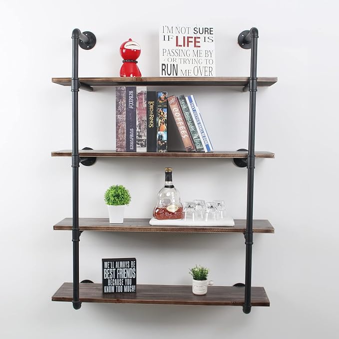 MBQQ Industrial Retro Pipe Shelf 36.2in 4 Tier Wall Mounted,Rustic Floating Shelves,Farmhouse Kitchen Bar Shelving,Home Decor Book Shelves,DIY Bookshelf Hanging Wall Shelves,Black