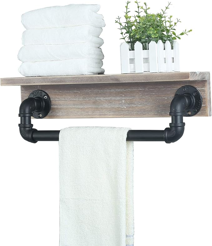 MBQQ Industrial Pipe Shelf,Rustic Wall Shelf with Towel Bar,20" Farmhouse Towel Racks for Bathroom,Floating Shelves Wall Mounted Home Decor Wooden Shelving,Retro Grey