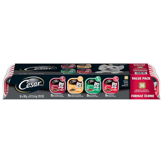 Cesar Classic Loaf in Sauce Soft Wet Dog Food Variety Pack- 36x100g Tray