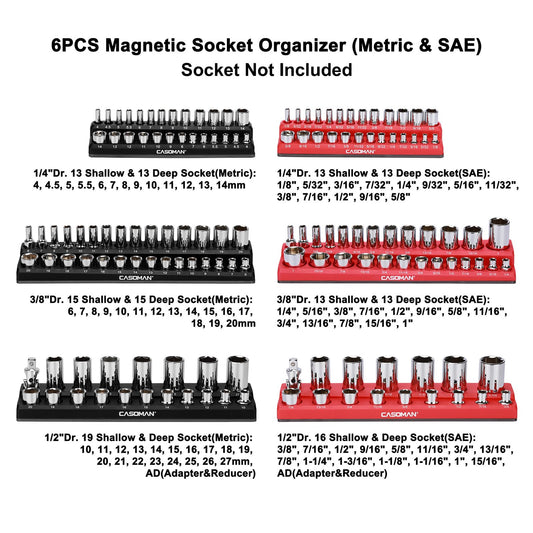 CASOMAN Magnetic Socket Organizer, 6 Piece Socket Holder Kit, Holds 143 SAE&Metric Sockets