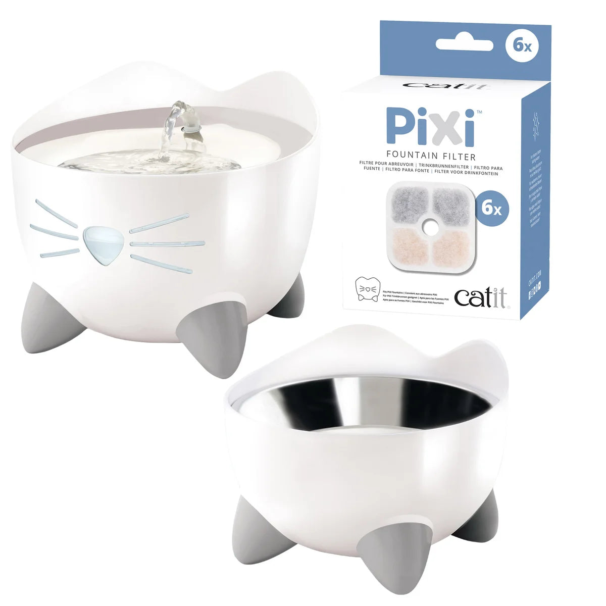 Catit Pixi Fountain with Stainless Steel Top and Catit Pixi Dish