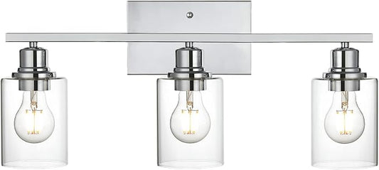 3 Light Wall Light Fixture with Clear Glass Shade Classic Bathroom Vanity Lighting Fixture in Chrome Finish Metal Wall Mount