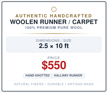 Authentic Handcrafted Woolen Runner / Carpet 2.5 x 10 ft
