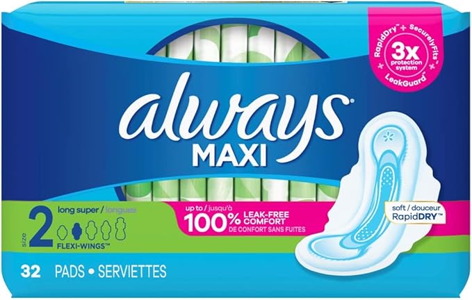 Always Maxi Pads Size 2 Long Super Absorbency Unscented with Wings – 32 Count