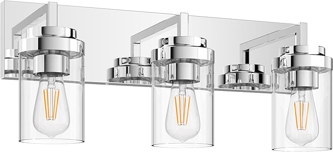 Bathroom Vanity Lighting, 3-Lights Brushed Nickel Wall Lights Over Mirror, Industrial Vanity Light Fixtures with Clear Glass Shape