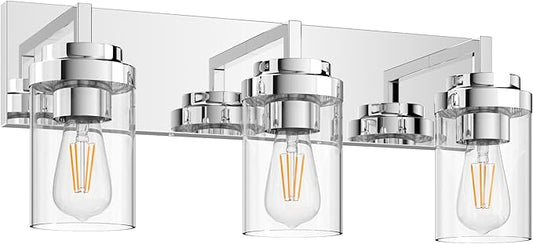 Bathroom Vanity Lighting, 3-Lights Brushed Nickel Wall Lights Over Mirror, Industrial Vanity Light Fixtures with Clear Glass Shape