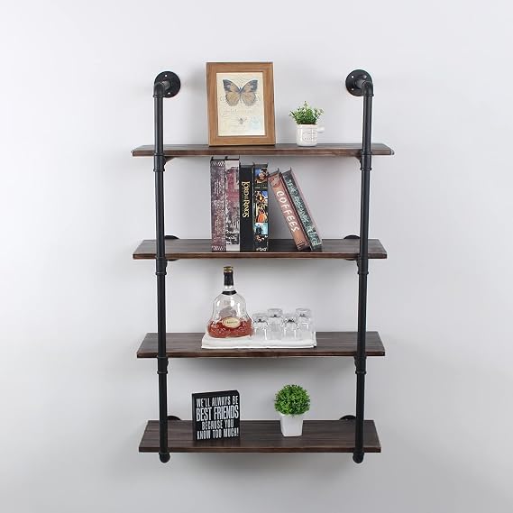 MBQQ Industrial Retro Pipe Shelf 30in 4 Tier Wall Mounted,Rustic Floating Shelves,Farmhouse Kitchen Bar Shelving,Home Decor Book Shelves,DIY Bookshelf Hanging Wall Shelves,Black