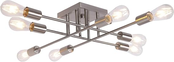 8 Light VINLUZ Industrial Semi Flush Mount Ceiling Light Brushed Nickel Mid Century Modern Ceiling Chandelier with Painted Finish for Living Room Bedroom Kitchen
