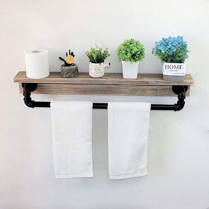 MBQQ Industrial Pipe Shelf,Rustic Wall Shelf with Towel Bar,30" Farmhouse Towel Racks for Bathroom,Floating Shelves Wall Mounted Home Decor Wooden Shelving,Retro Grey