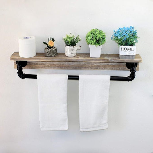 MBQQ Industrial Pipe Shelf,Rustic Wall Shelf with Towel Bar,30" Farmhouse Towel Racks for Bathroom,Floating Shelves Wall Mounted Home Decor Wooden Shelving,Retro Grey