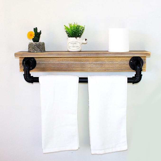 MBQQ Industrial Pipe Shelf,Rustic Wall Shelf with Towel Bar,24" Farmhouse Towel Racks for Bathroom,Floating Shelves Wall Mounted Home Decor Wooden Shelving,Retro Grey