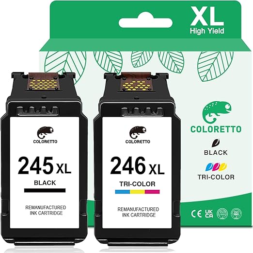 COLORETTO Ink Cartridges 245XL 246XL for Canon Pixma MX492 MX490 TR4527 TR4522 TR4520 MG3020 MG2929 MG2920 MG2525 TS3325 TS3320 TS3129 IP2820 Printer Remanufactured PG245 CL246 XL 1 Black 1 Tri-Color