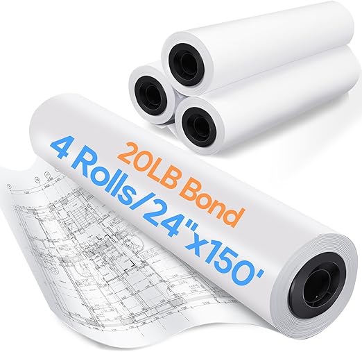 1 Roll 24" x 150' Wide Format Paper, 80 GSM CAD Bond Rolls, 20lb Uncoated 92 Bright White Plotter Paper, 2” Ink Jet Bond Rolls Core for CAD Printing on Wide Format Ink Jet Printers