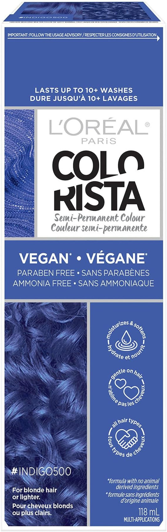 L'Oreal Paris Colorista Semi Permanent Hair Color for Bleached or Blonde Hair, 500 Indigo, Color Depositing Hair Mask Formula, 1 EA