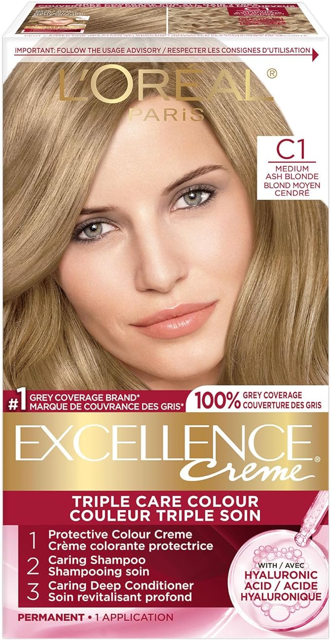 L'Oréal Paris Excellence Crème Hair Dye, Medium Ash Blonde C1, Hair Color for Women, 100% Grey Coverage, Long Lasting Rich Colour, Hair Dye Kit, 1EA