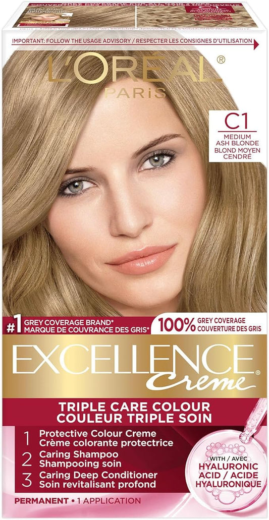 L'Oréal Paris Excellence Crème Hair Dye, Medium Ash Blonde C1, Hair Color for Women, 100% Grey Coverage, Long Lasting Rich Colour, Hair Dye Kit, 1EA
