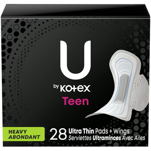 U by Kotex Balance Sized for Teens Ultra Thin Pads with Wings, Extra Absorbency, 28 Count