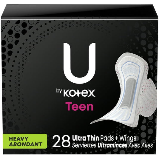 U by Kotex Balance Sized for Teens Ultra Thin Pads with Wings, Extra Absorbency, 28 Count