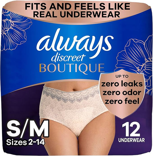 Always Discreet Boutique, Incontinence & Postpartum Underwear S/M, 12 Ct