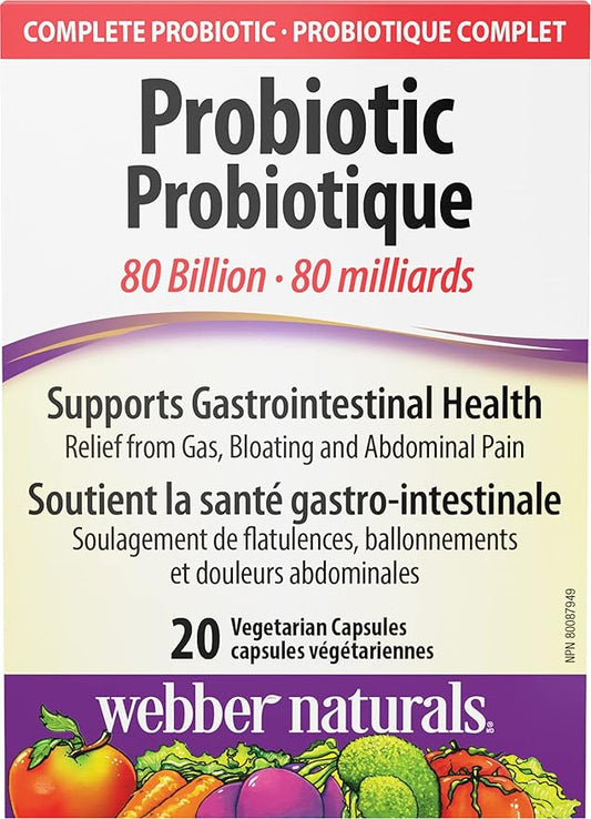 Webber Naturals Probiotic 80 Billion Active Cells, 8 Probiotic Strains, 20 Capsules, For Digestive Health, Vegetarian