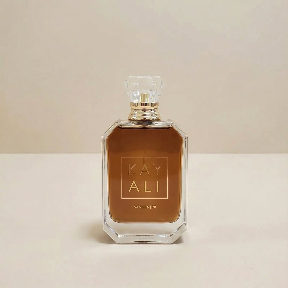 Perfume bottle labeled 'KAY ALI' on a beige background