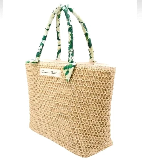 OSCAR de La RENTA Straw LARGE Tote Shopper Beach Bag Floral Scarf Handle