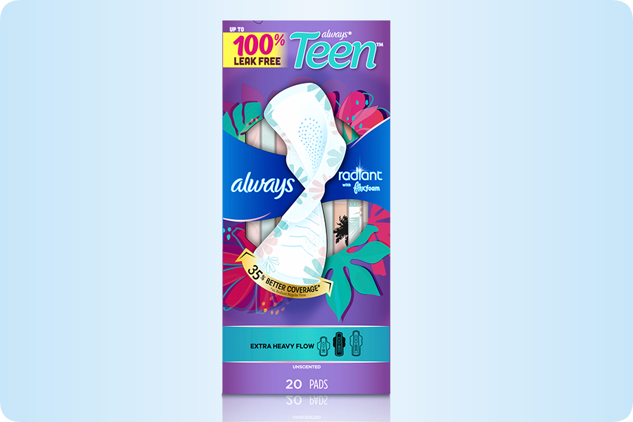 Always Radiant Teen Pads, Size 3, Extra Heavy, Unscented, 20 CT